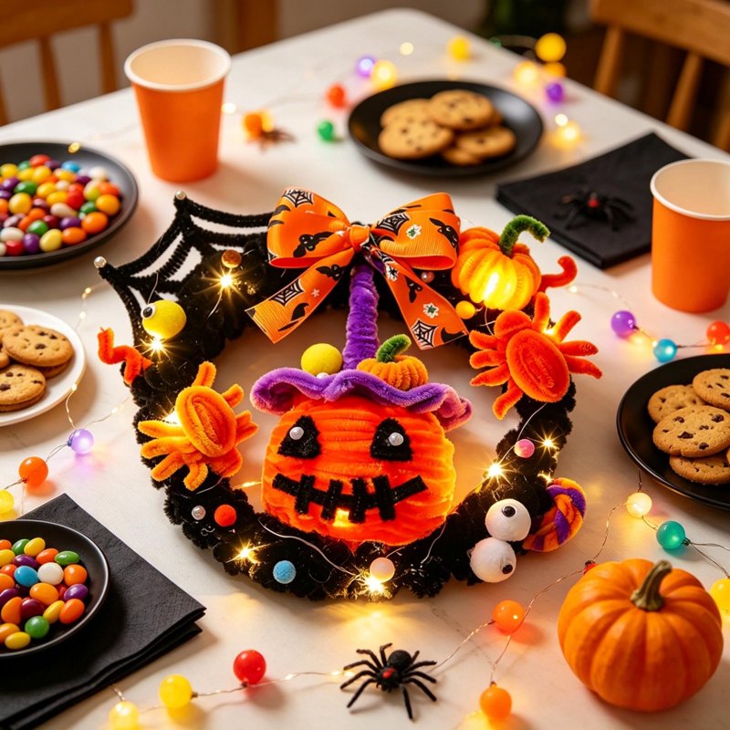 Halloween Wreath with Orange LED Pumpkin and Ghost - Variation of Pumpkin and Bow