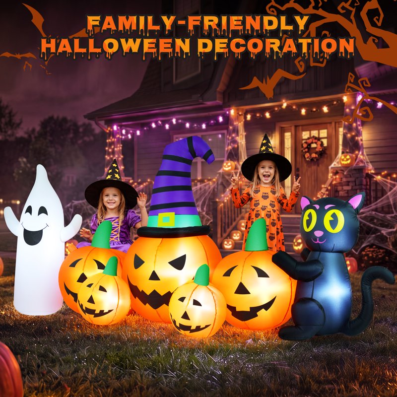 Halloween Inflatable Pumpkin with Ghost and Black Cat - 8FT Family Decor - Variation of 5 Pumpkins