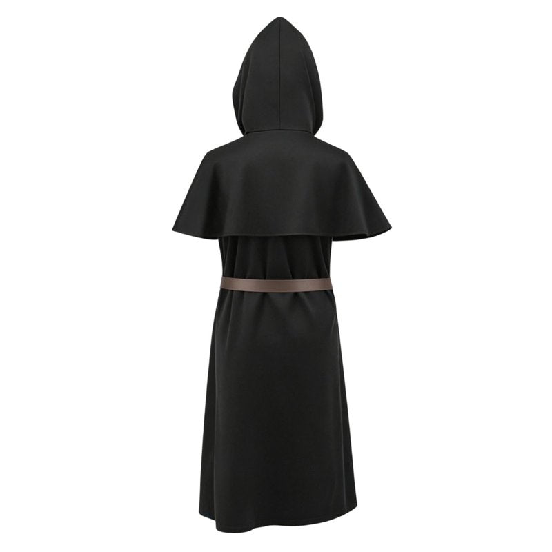 Medieval Monk Robe Hooded Cloak with Belt 2-Piece Costume Set Black XXL - Renaissance Halloween Cosplay