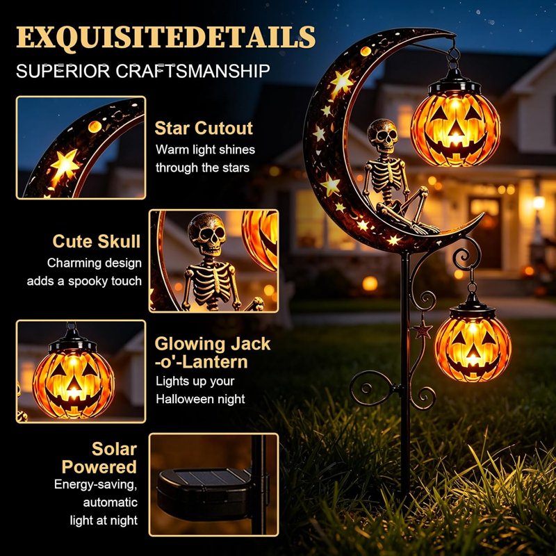 Solar Halloween Skull Garden Stake Light Waterproof Metal Yard Lantern - Black