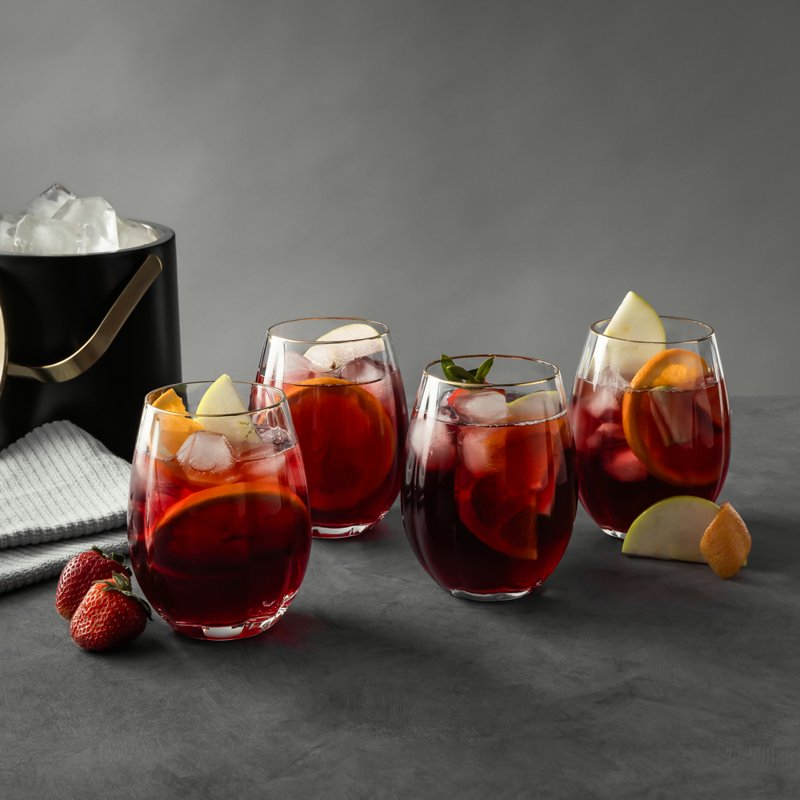 Scalloped Stemless Wine Glass Set with Gold Trim - 4 Pieces