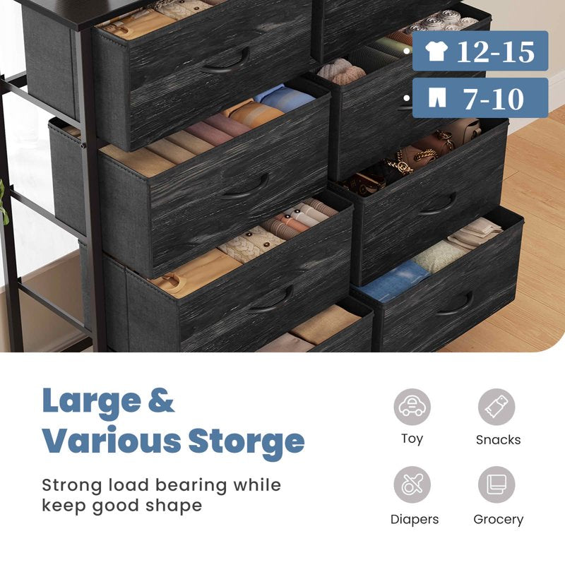 Tall Fabric Storage Dresser Tower - 8 Drawer Black Wood Organizer
