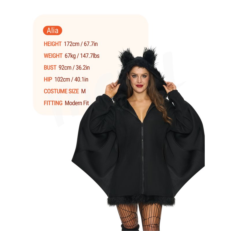 Women’s Black Bat Costume Jumpsuit with Hood, Ears & Wings - XXL Halloween Cosplay