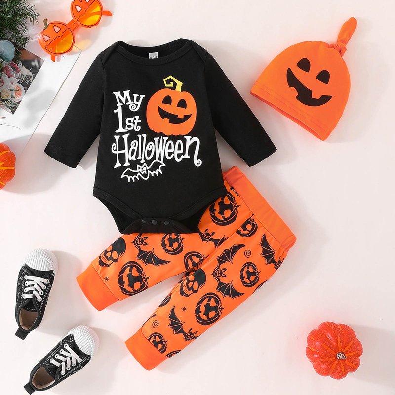 Toddler Girl Halloween Outfit Set Bodysuit Pants Hat Z12-Orange2 3-6 Months