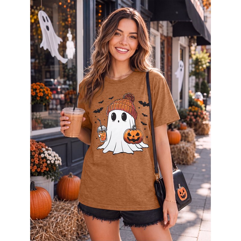 Brown Halloween Ghost Book Lover Graphic T-Shirt for Women - Size L