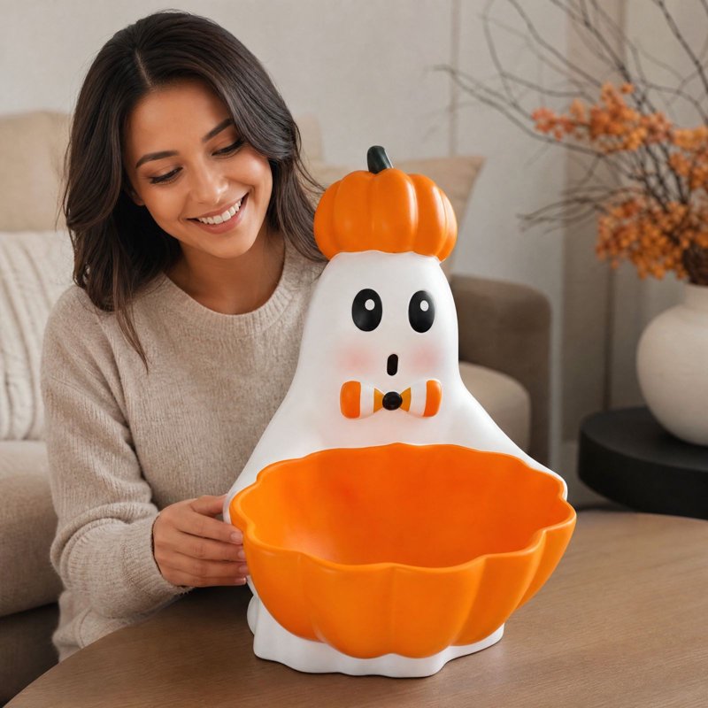 Halloween Ghost Candy Bowl with Pumpkin Hat - 017 Variation - Resin Spooky Party Decor