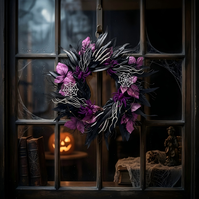 Halloween Black and Purple Wreath with Spider Web & LED Lights - 21.6 Inch Indoor/Outdoor Door Wall Decor