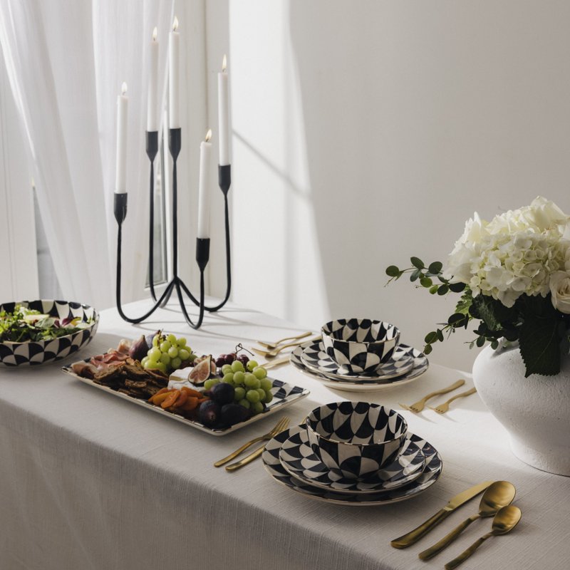 Ceramic Cereal Bowl - Black and White Geometric Pattern
