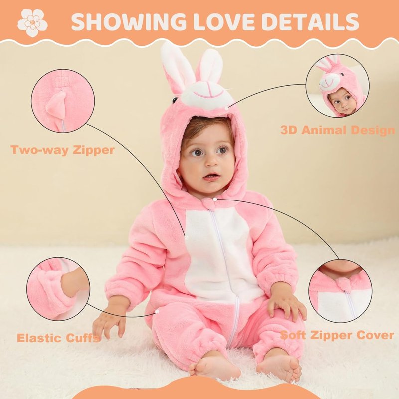 Pink Rabbit Baby Animal Costume Romper - 6-12 Months Winter Toddler Jumpsuit
