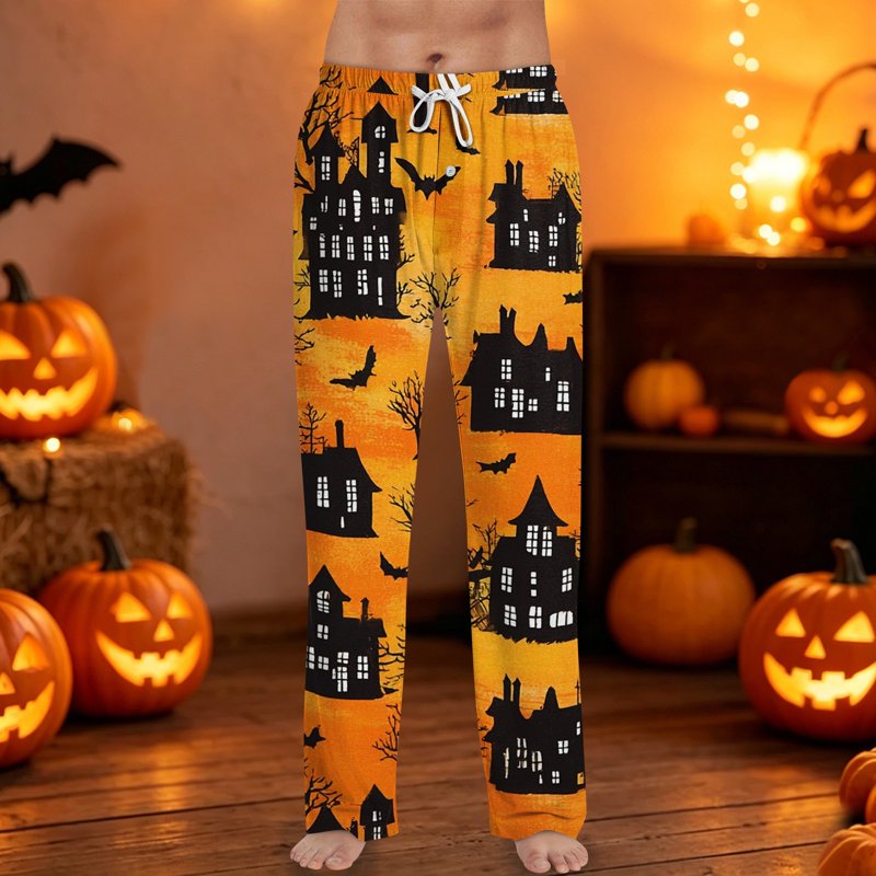 Men's Halloween Printed Pajama Bottoms - Orange XL Lounge Pants for Sleep & Relaxation