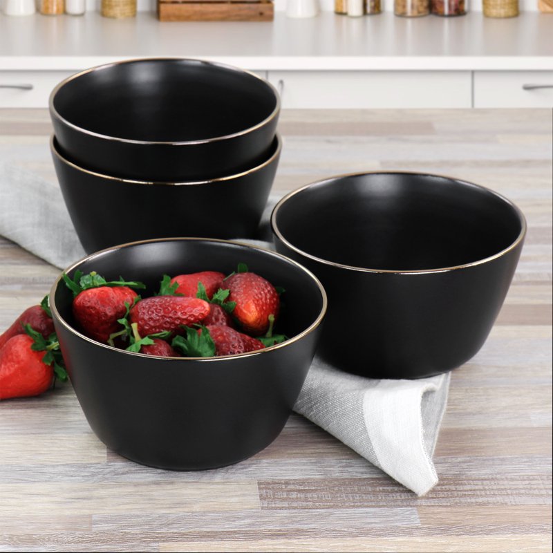 6 Piece Matte Black Stoneware Bowl Set with Gold Rim