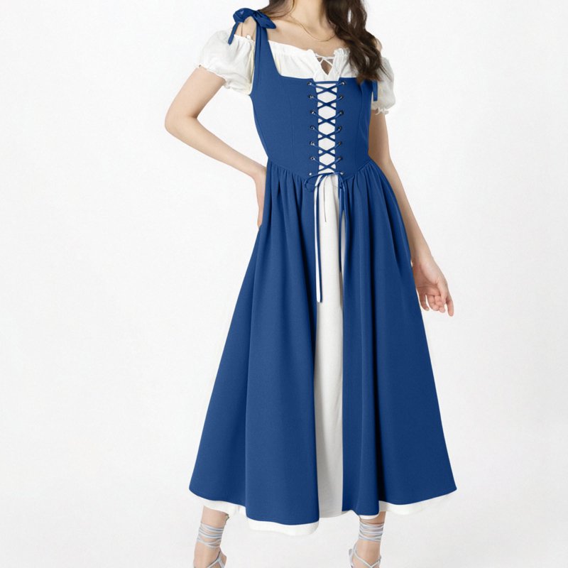 Medieval Renaissance Costume Dress Women Vintage Blue Maxi Dress XXL - AA Blue