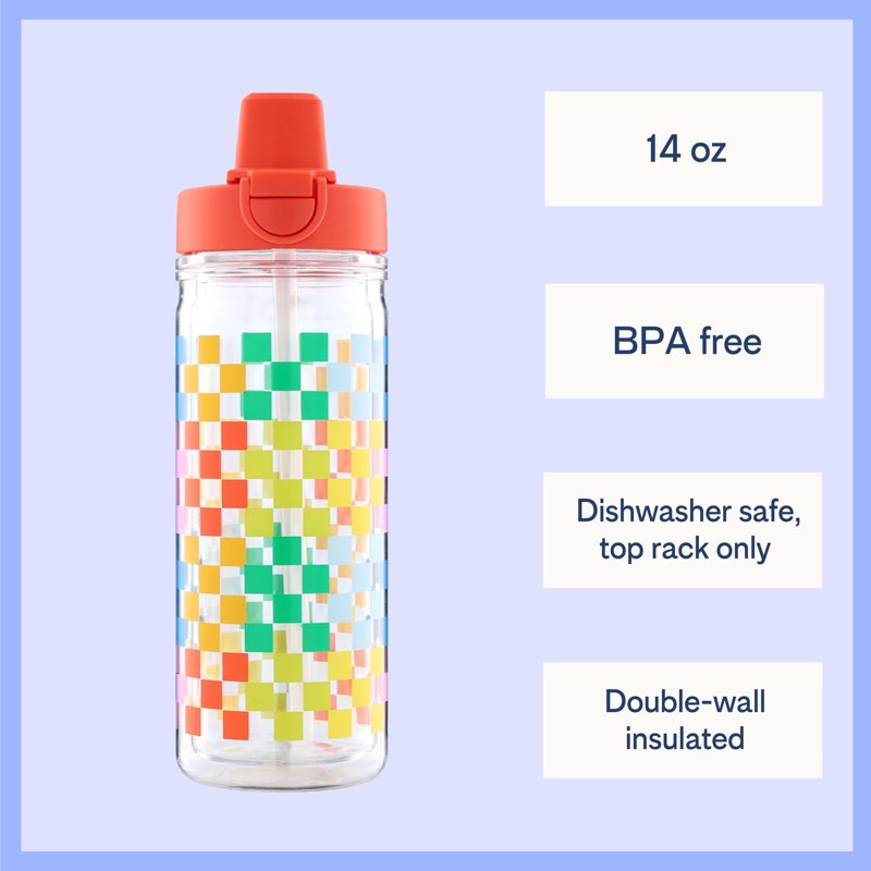 14 oz Multicolor Fairy Garden Tritan Insulated Water Bottle - Check