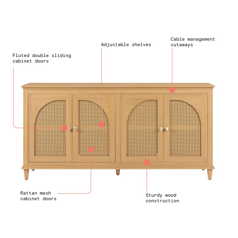 4-Door Rattan Buffet Sideboard Cabinet - Warm Honey Finish