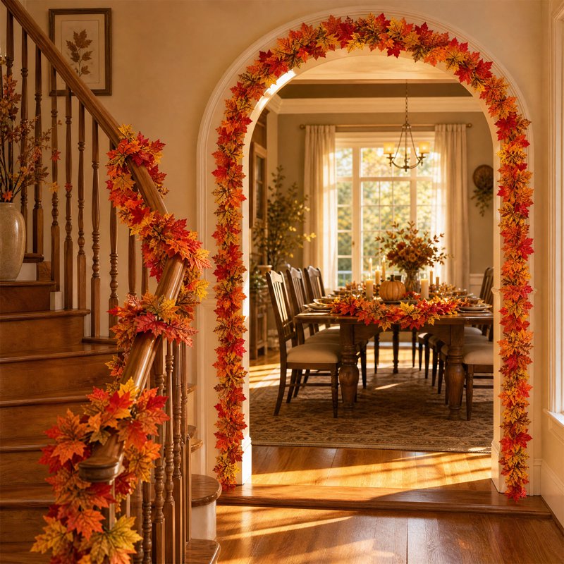 Autumn Maple Leaf Garland with Acorns - Flexible Fall Decor for Mantel & Table - Orange Q