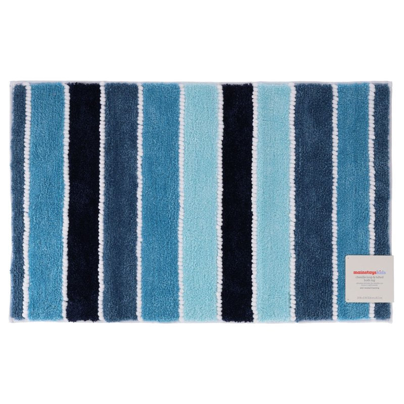 Kids Bath Rug - Blue Stripe, 32 x 20 Inches, Absorbent & Slip-Resistant