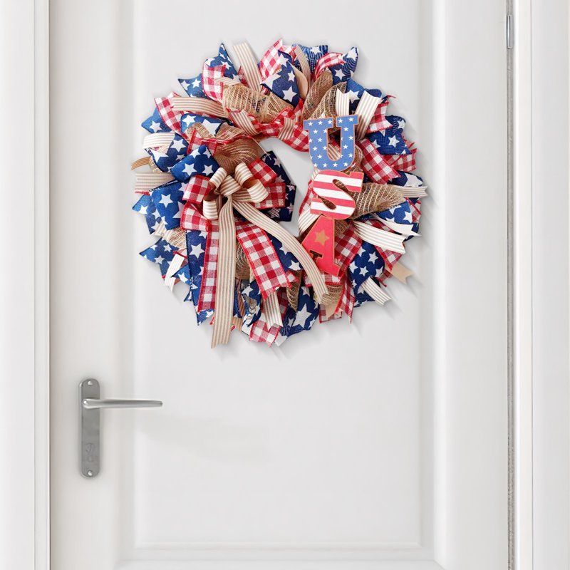 4th of July Patriotic Wreath for Front Door - Red White Blue Flower Wreath - Variation C