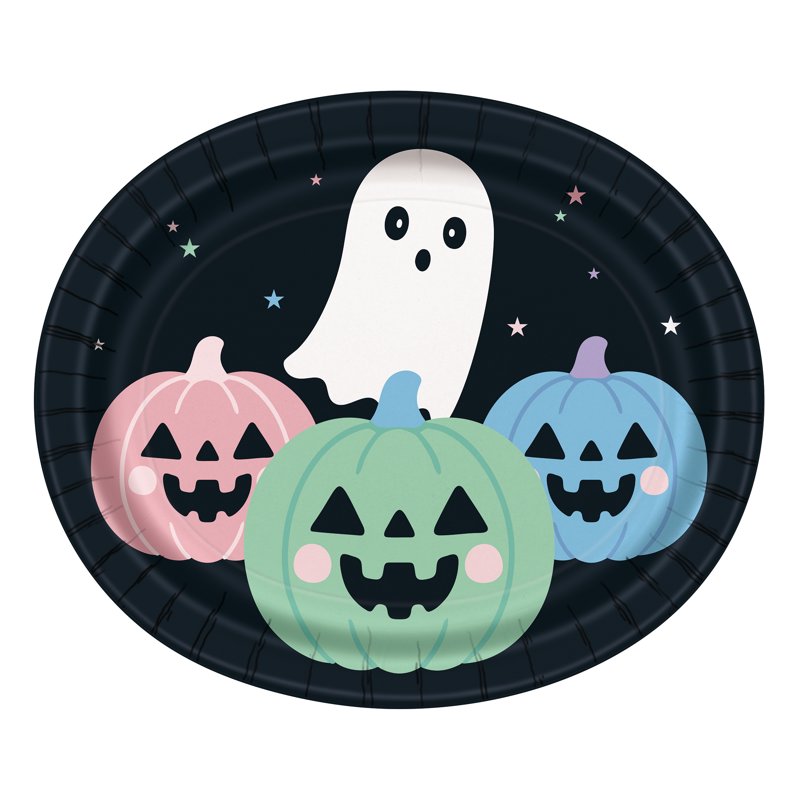 Pastel Ghosts Disposable Oval Plates - Halloween Party Tableware, 12x10 Inches, Pack of 8