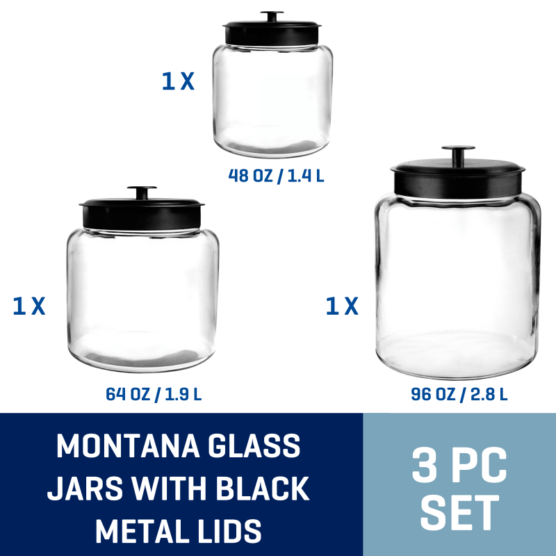 Glass Storage Jars with Black Metal Lids - 3 Piece Set