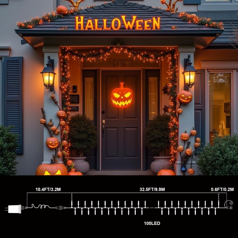 Outdoor Halloween String Lights - 32.5FT 100 LED Waterproof Xmas Decor with 16 Modes