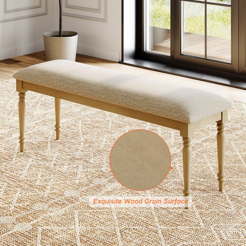 Upholstered Oak Bench - 52-Inch Farmhouse Style for Bedroom & Entryway