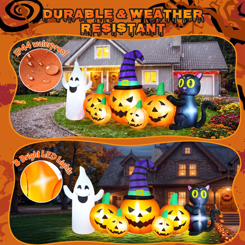Halloween Inflatable Pumpkin with Ghost and Black Cat - 8FT Family Decor - Variation of 5 Pumpkins