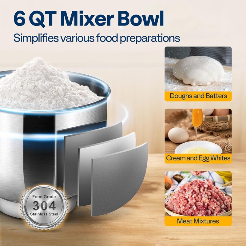 3 in 1 Stand Mixer with 6 Quart Bowl and Meat Grinder - Blue