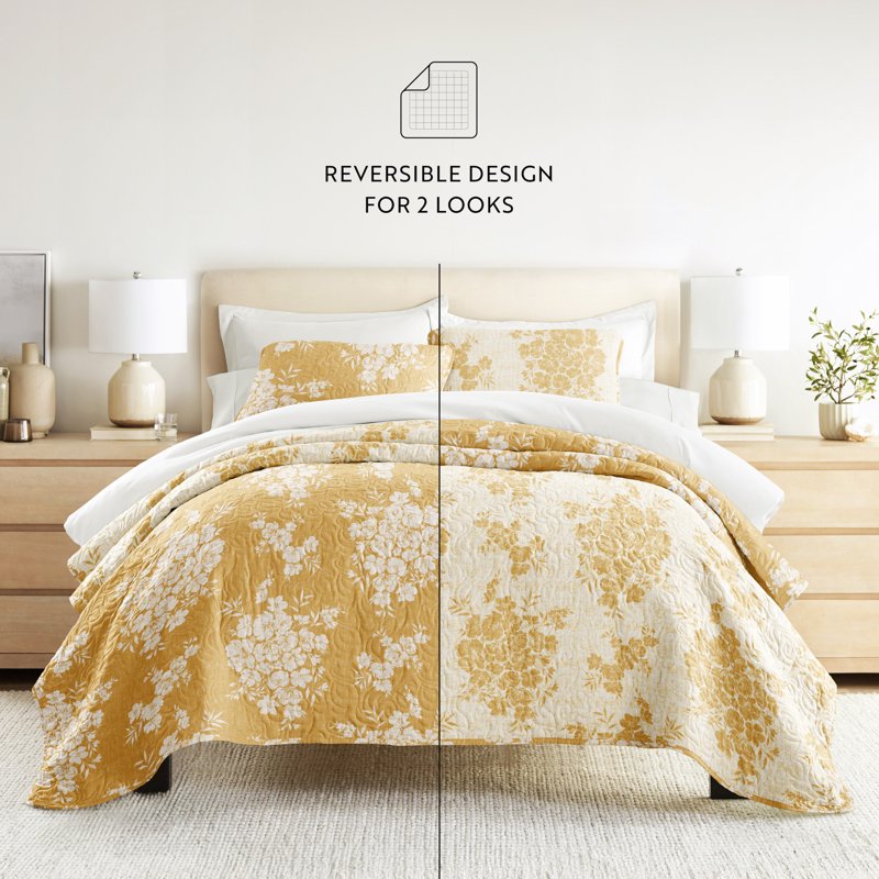Twin Mustard Reversible Quilt Set with Shams - Distressed Bouquet Design