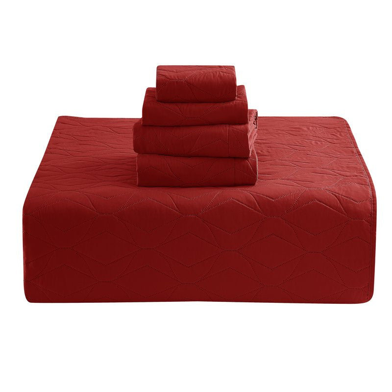 Queen Burgundy Red Quilt Set with Pillow Shams & Euro Shams - Ellipse Weave Microfiber