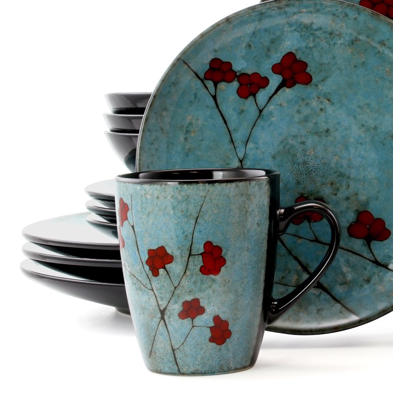 16 Piece Floral Accents Stoneware Dinnerware Set - Blue