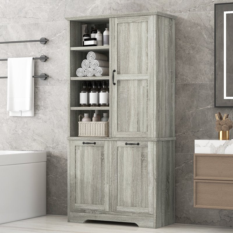 Oak Tall Storage Cabinet with 2 Tilt-Out Laundry Baskets - Freestanding Organizer