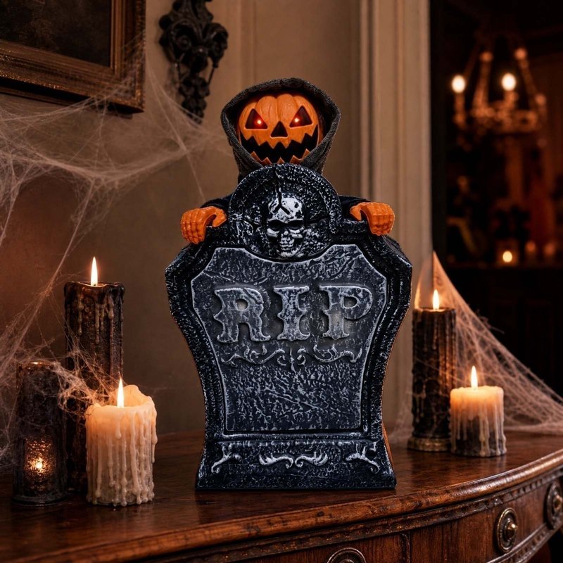 Halloween Animated Tombstone Decor with Rising Skeleton and Pumpkin - Voice Activated Outdoor Yard Prop