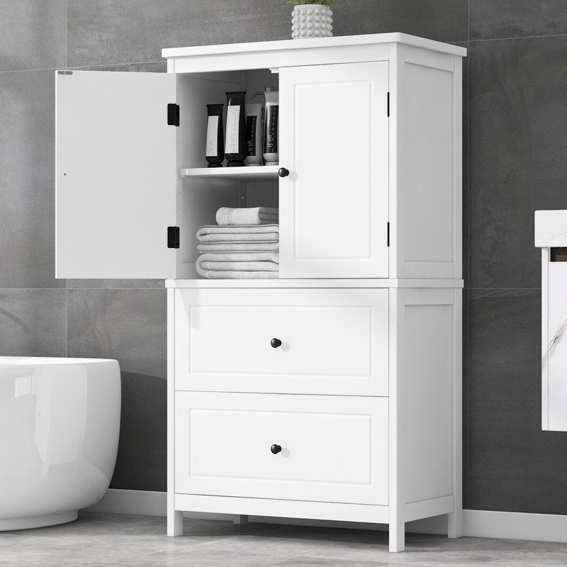 Bathroom Floor Storage Cabinet with 2 Drawers & 2 Doors - White, Adjustable Shelf