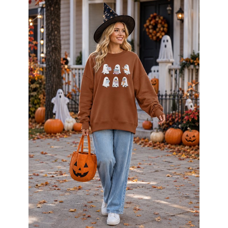 Brown Women Halloween Ghost Reading Books Graphic Sweatshirt Fall Pullover M