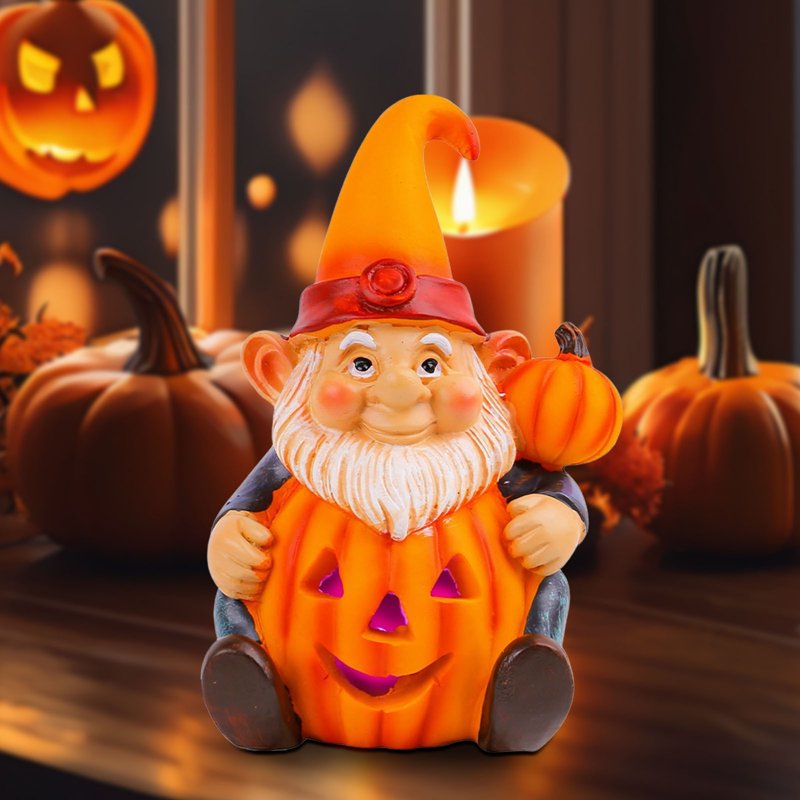 Luminous Halloween Pumpkin Gnome Ornament - Resin Garden Statue with Old Man Design - Variation #354B
