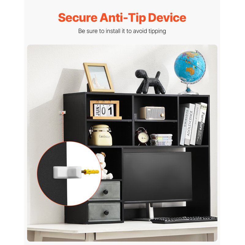 Tri-Level Desktop Bookcase - Durable Wood Organizer with Storage Bins