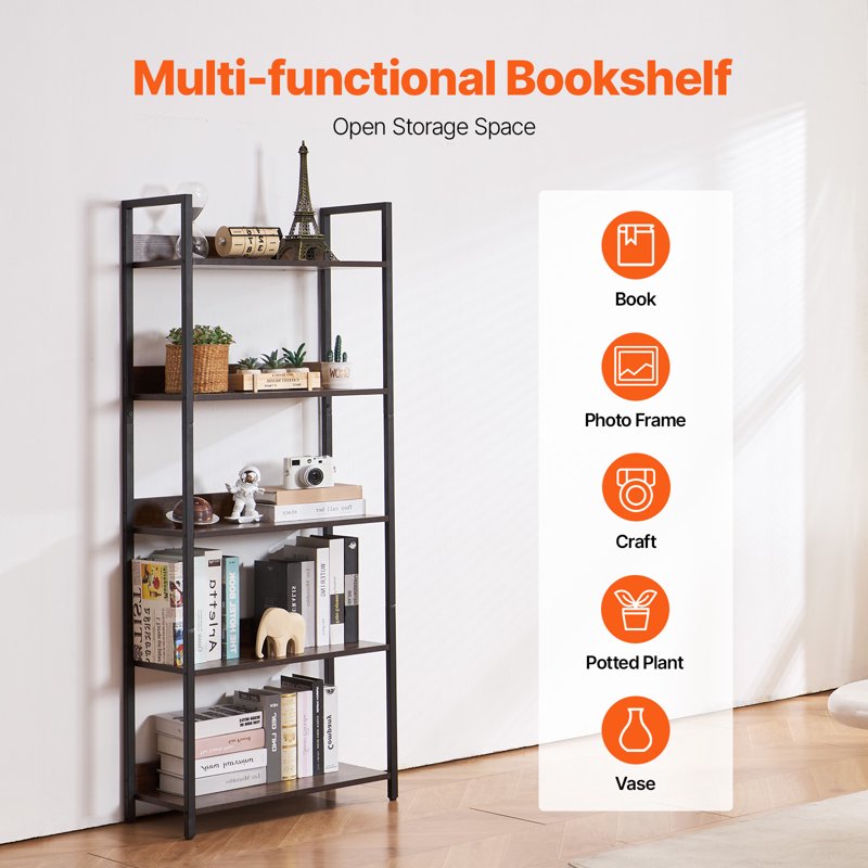 5-Tier Metal Bookcase - Industrial-Style Shelving Unit