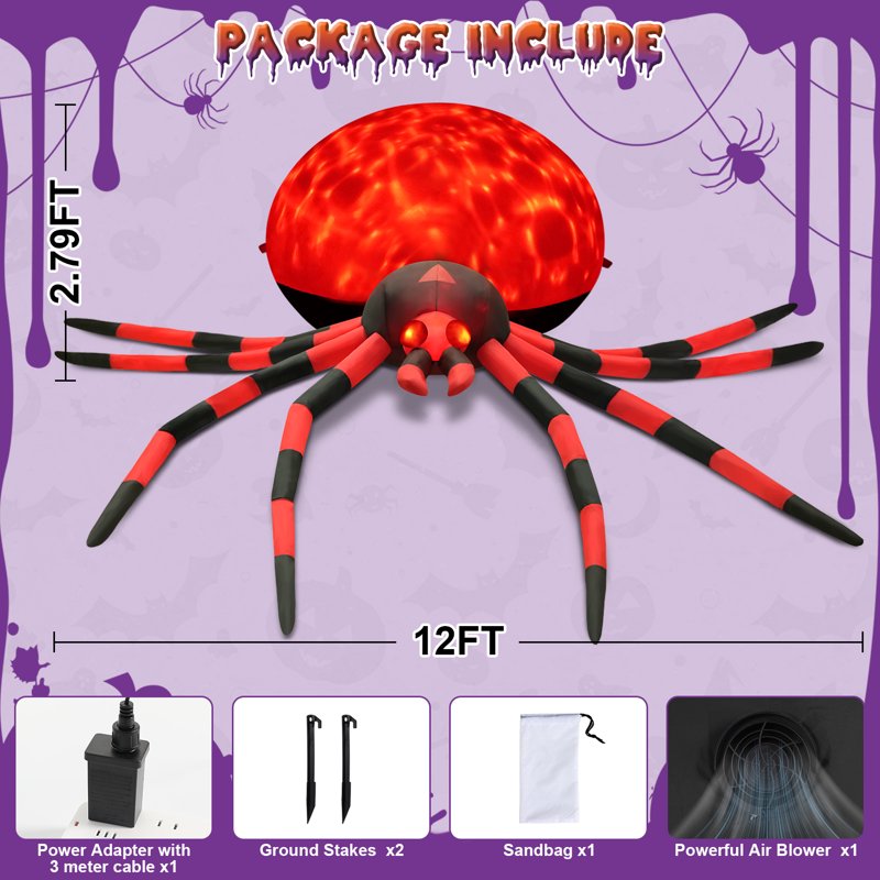 Giant 12FT Halloween Inflatable Spider with LED Lights & Air Pump - Red
