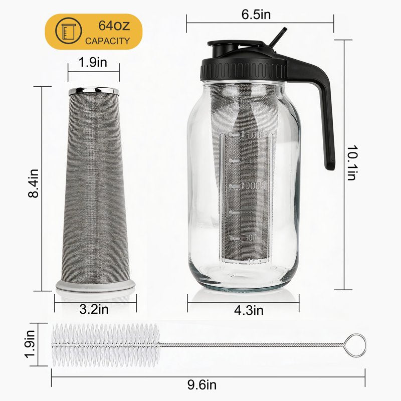 64 oz Cold Brew Coffee Maker - Glass Pitcher with Stainless Steel Filter