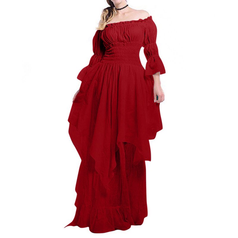 Red Maxi Dress for Women Long Sleeve Floor Length Cosplay Dress Plus Size - S