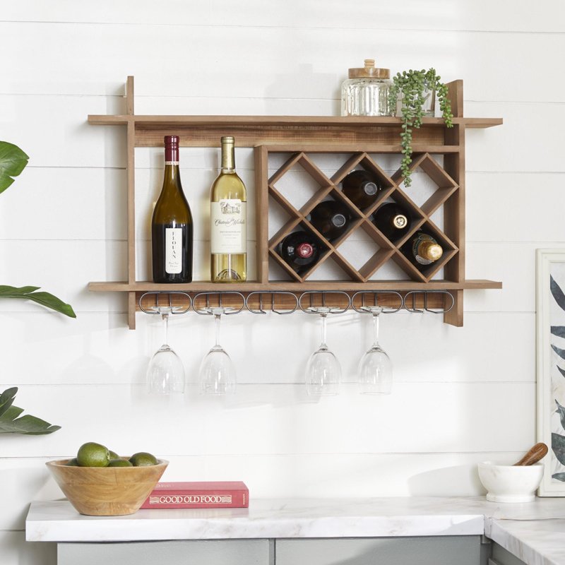 34" Brown Wood Geometric 8-Bottle Wall Wine Rack with Glass Holder