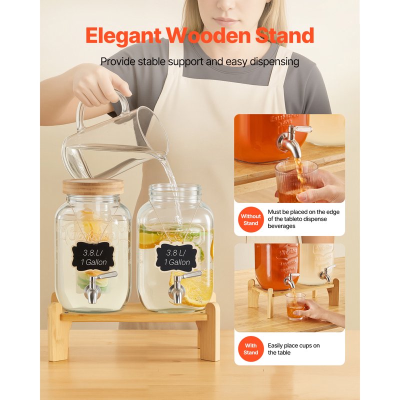 2 Pack 1 Gallon Glass Beverage Dispenser with Wooden Stand & Spigot
