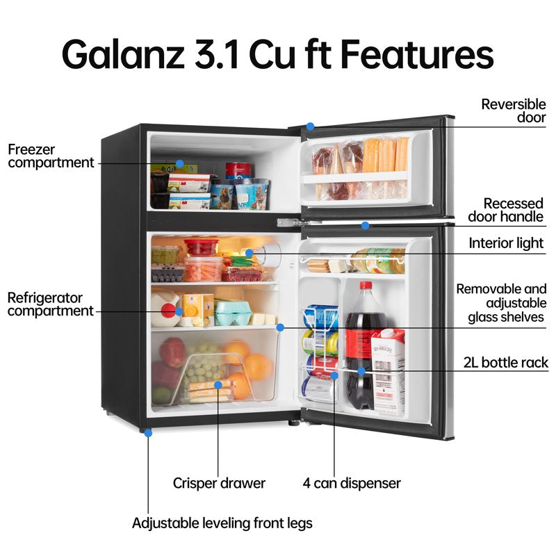 3.1 Cu Ft Two Door Mini Fridge with Freezer - Stainless Steel