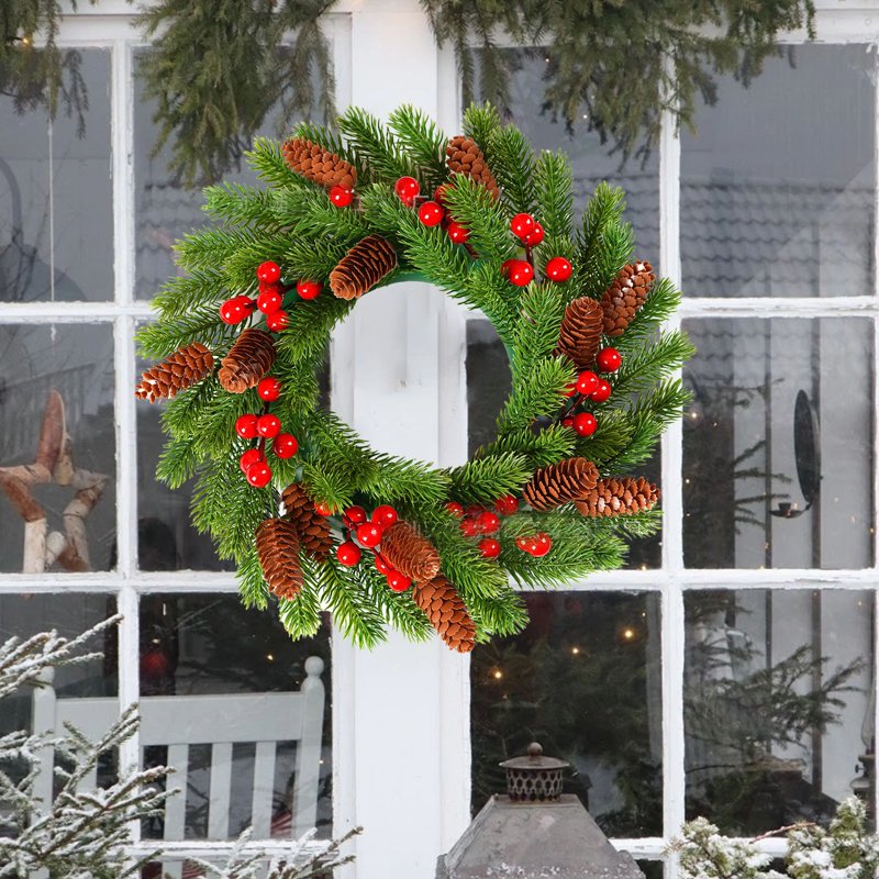 Christmas Wreath with Lights - 14.17 Inch Red Berries Pine Cones Front Door Decor - Variation 4B