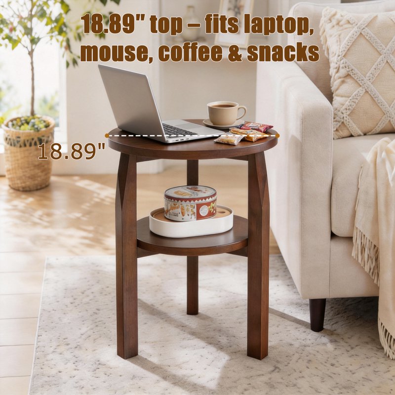 Solid Rubberwood Round End Table with 2-Tier Storage Shelf - Walnut