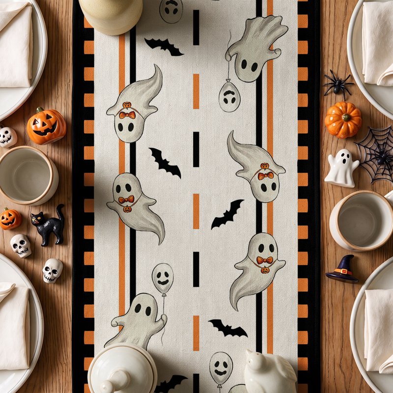 Halloween Table Runner with Ghost Truck, Bats & Bows - Seasonal Fall Kitchen Decor 13x72 Inch D