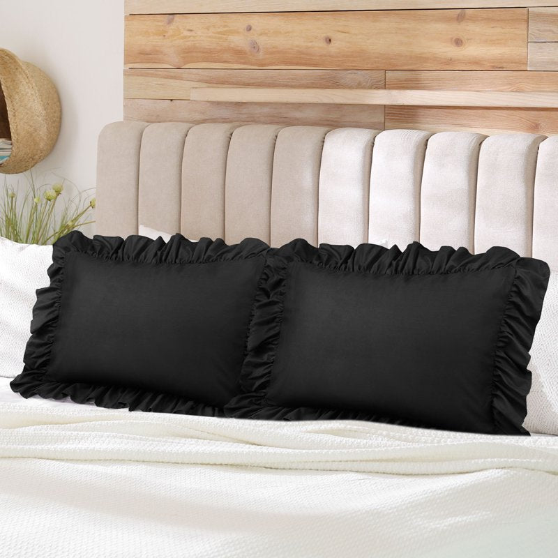 King Size Microfiber Ruffle Envelope Closure Pillowcases - Black, 2 Pcs