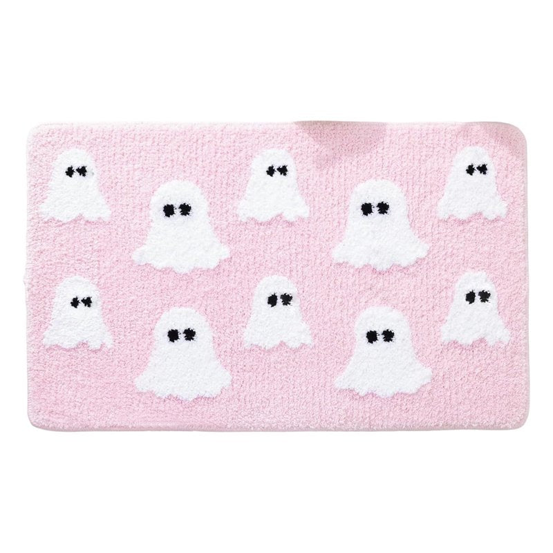 Halloween Ghost Bath Mat Pink 23.6x15.7in Faux Fur Rug with Secure Grip - OVFUIZ Irregular Variant