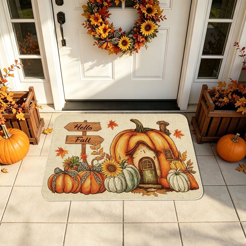 Thanksgiving Pumpkin Doormat - Non-Slip Autumn Front Door Decor - Variation T