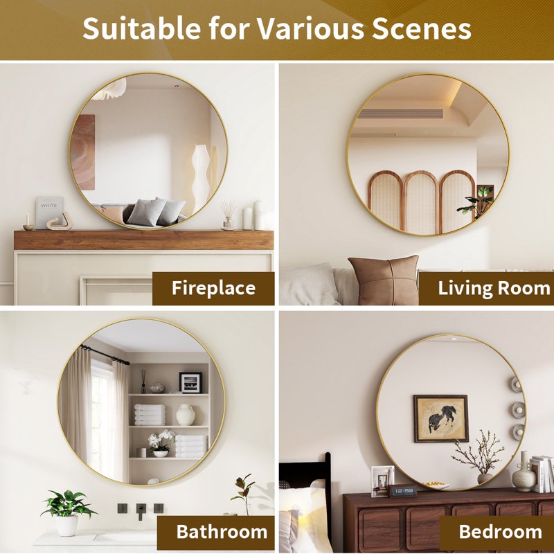 36 Inch Gold Round Wall Mirror - Aluminum Alloy Frame, Bathroom Vanity Mirror, Wall Mounted, Easy4Home 36"
